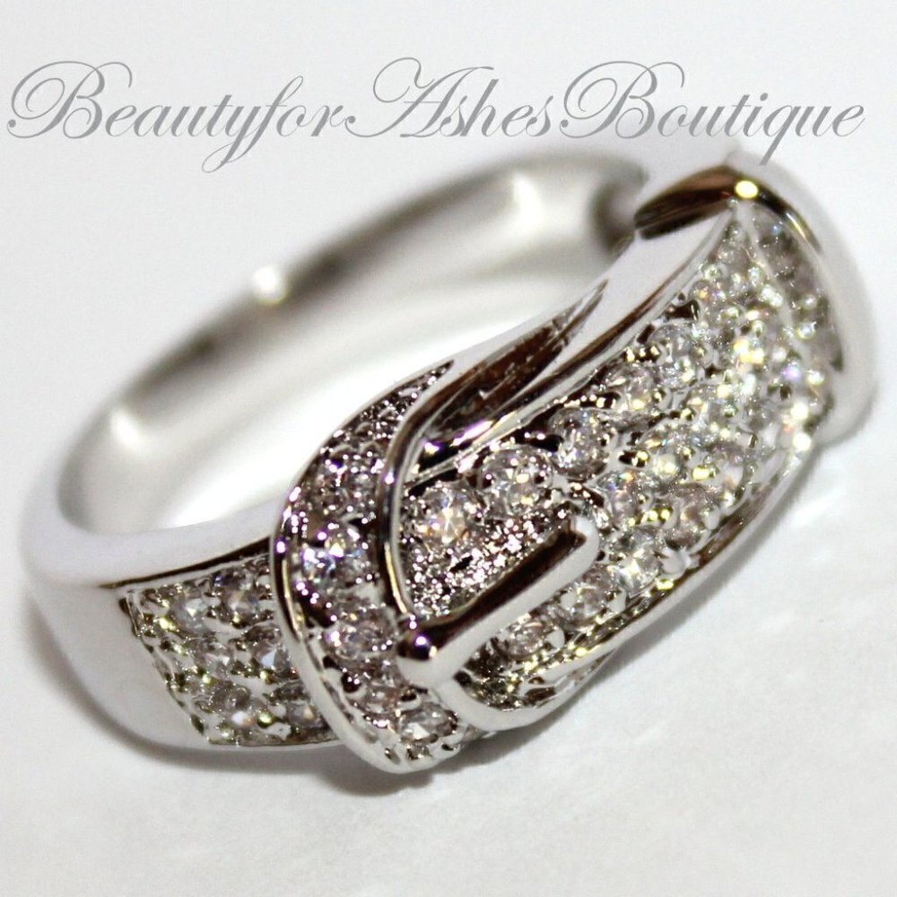 Beautiful Belt of Truth Silver Pave Cubic Zirconia Pave Cz Buckle Band Ring 9